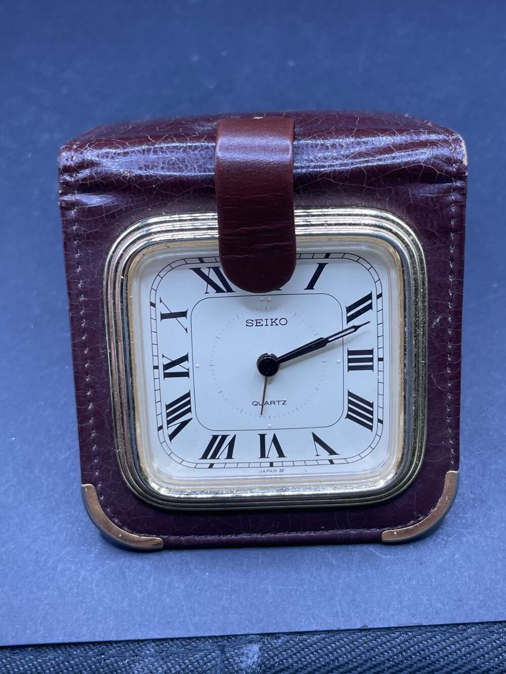 Vintage Seiko Quartz Travel Alarm Clock Brown Leather Folding Case QQ534B